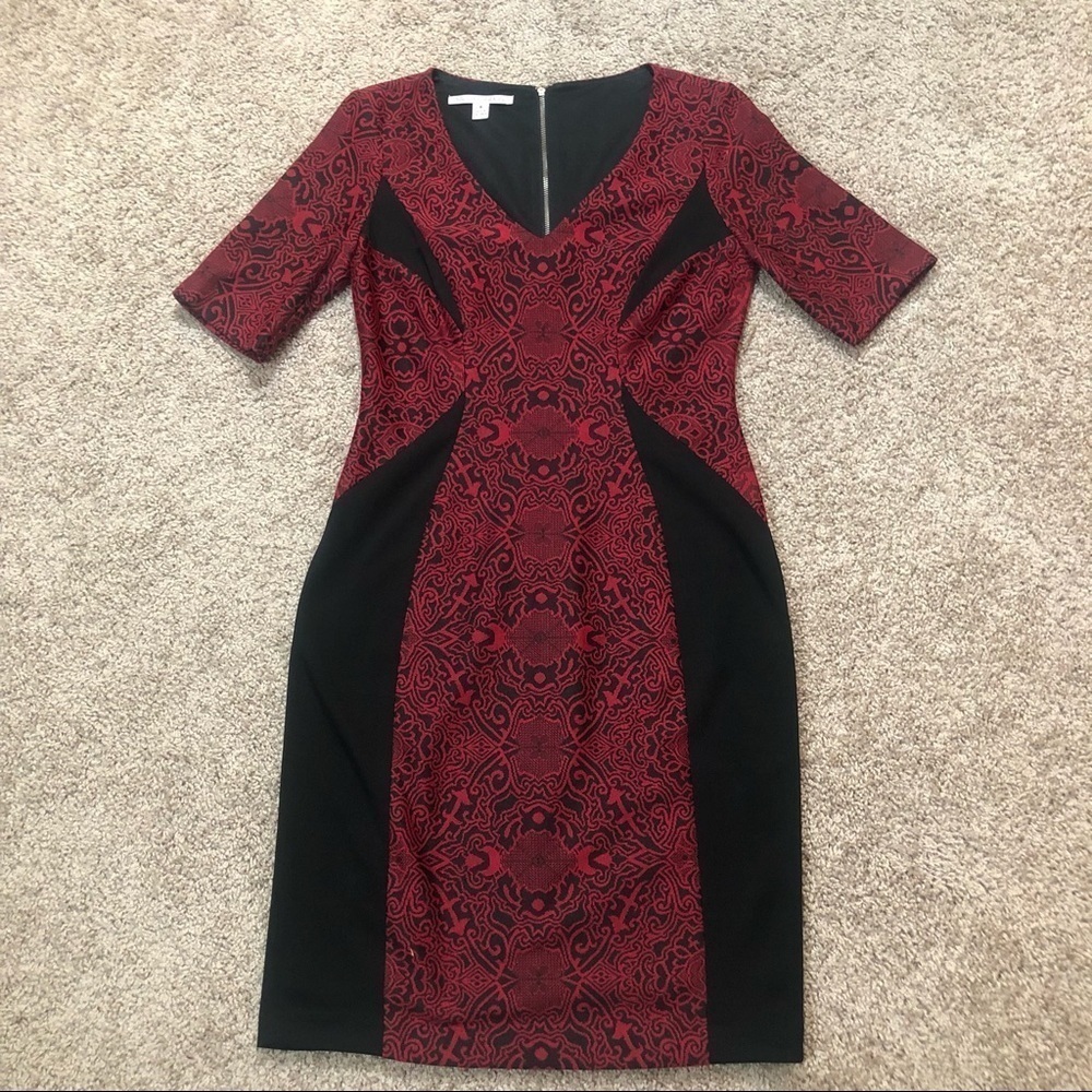 Maggy London Ponte Jacquard Sheath Dress Red and Black Size 4 - Picture 4 of 8